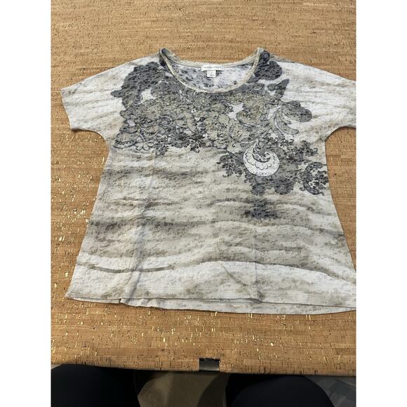 Christopher & Banks Medium Blouse Green Beige Floral Rhinestone Embellished - Picture 3 of 8